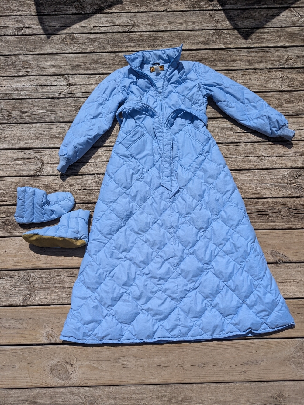 Eddie Bauer vintage goose down belted duster coat with slippers